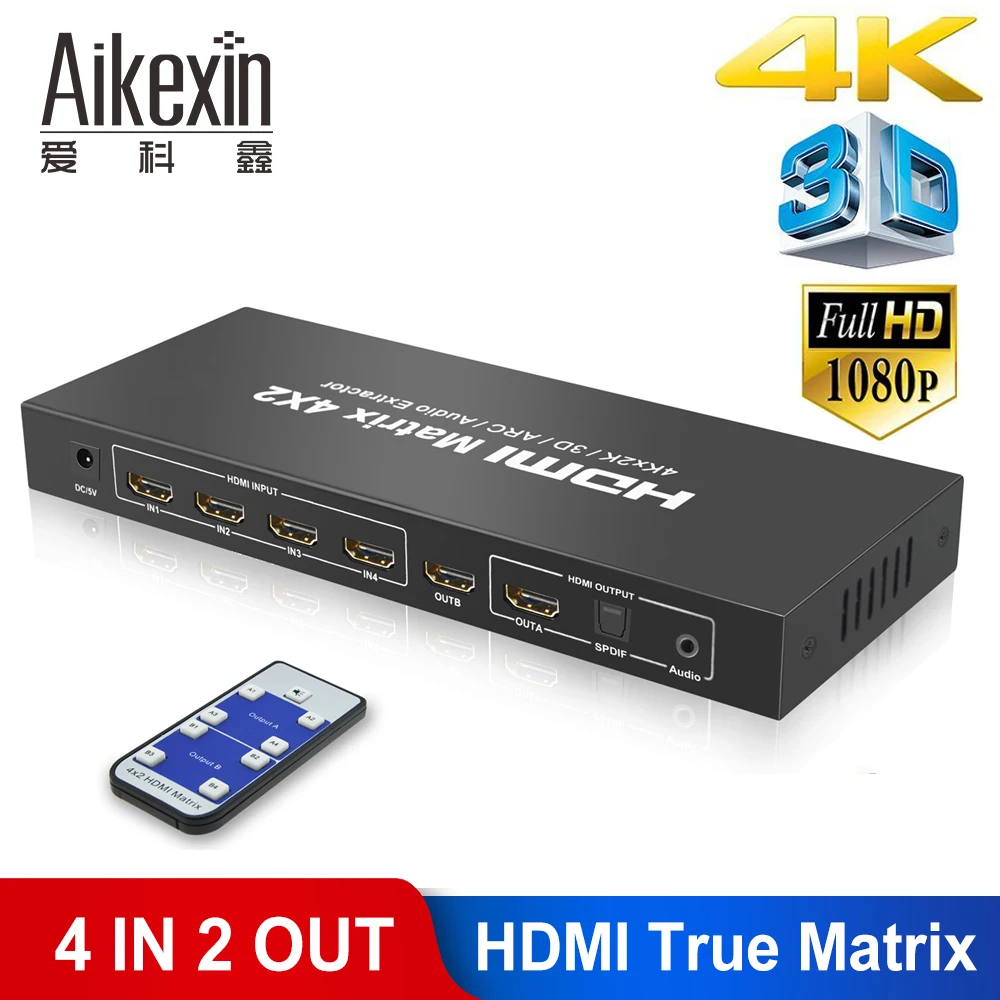 

Aikexin HDMI Matrix Full HD 4Kx2K 3D 1080P HDMI Matrix 4X2 Switch Splitter HDMI1.4 with IR Remote +3.5mm Optical Audio