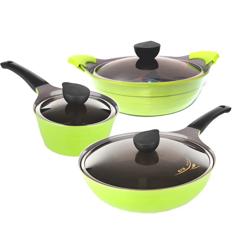 

Free Shipping Top Quality 6 piece Of Green Non-Stick Coating Ceramic Cookware Set Without Oil Fume