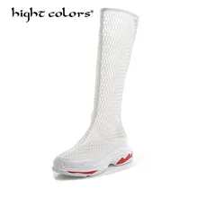 Женские летние высокие сапоги ярких цветов; сетчатые ботинки с вырезами и круглым носком; женская обувь на платформе; босоножки на высоком каблуке; MS-1652