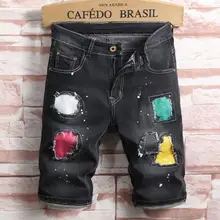 Летние повседневные шорты для мужчин отверстие прямые стрейч эластичные джинсовые шорты тонкий личности патч по колено джинсовые