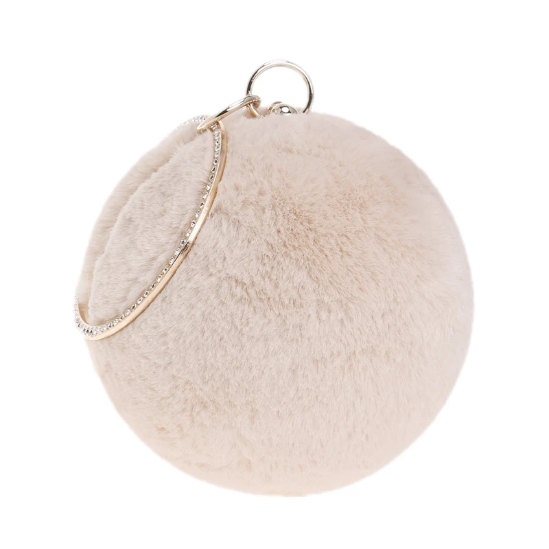 

Winter Women Rabbit Fur Clutch Evening Bag Round Metal Gold Diamods Shoulder Small Female Handbags For Ladies Party Bag