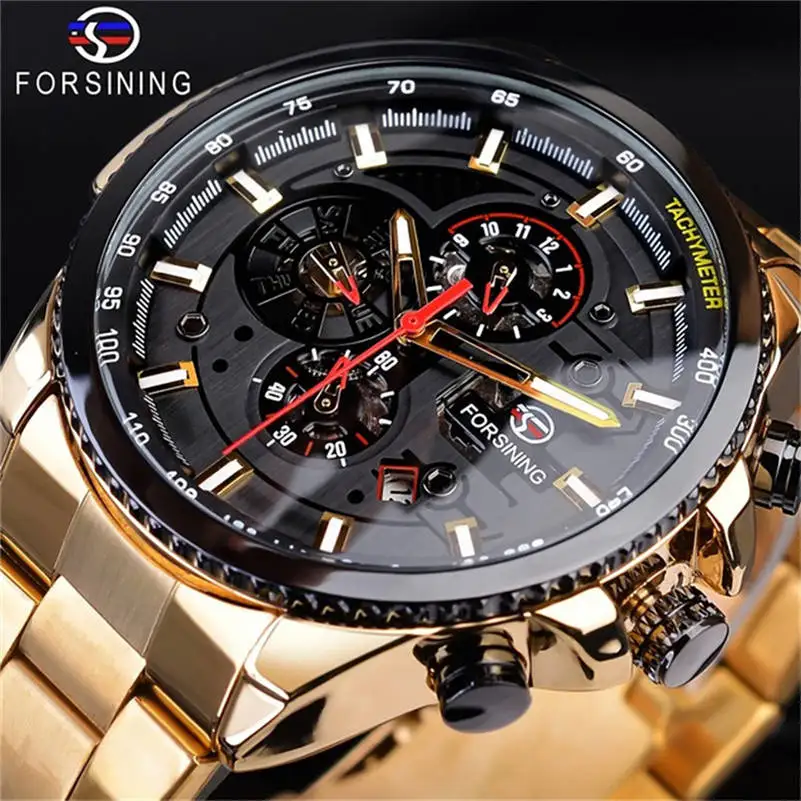 

Forsining Brand Mens Watches Luxury Stainless Steel Dial Three Eyes Six Needle Automatic Mechanical Watches Gift Watch Box CC4