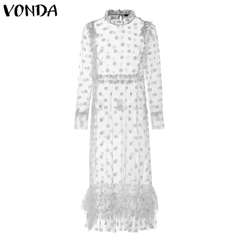 Женское кружевное платье VONDA, богемное, сексуальное, полое, длина до пола, платье, праздничное, винтажное, в горошек, с принтом, Vestido, вечерние, женское платье размера плюс - Цвет: White Lace Dress