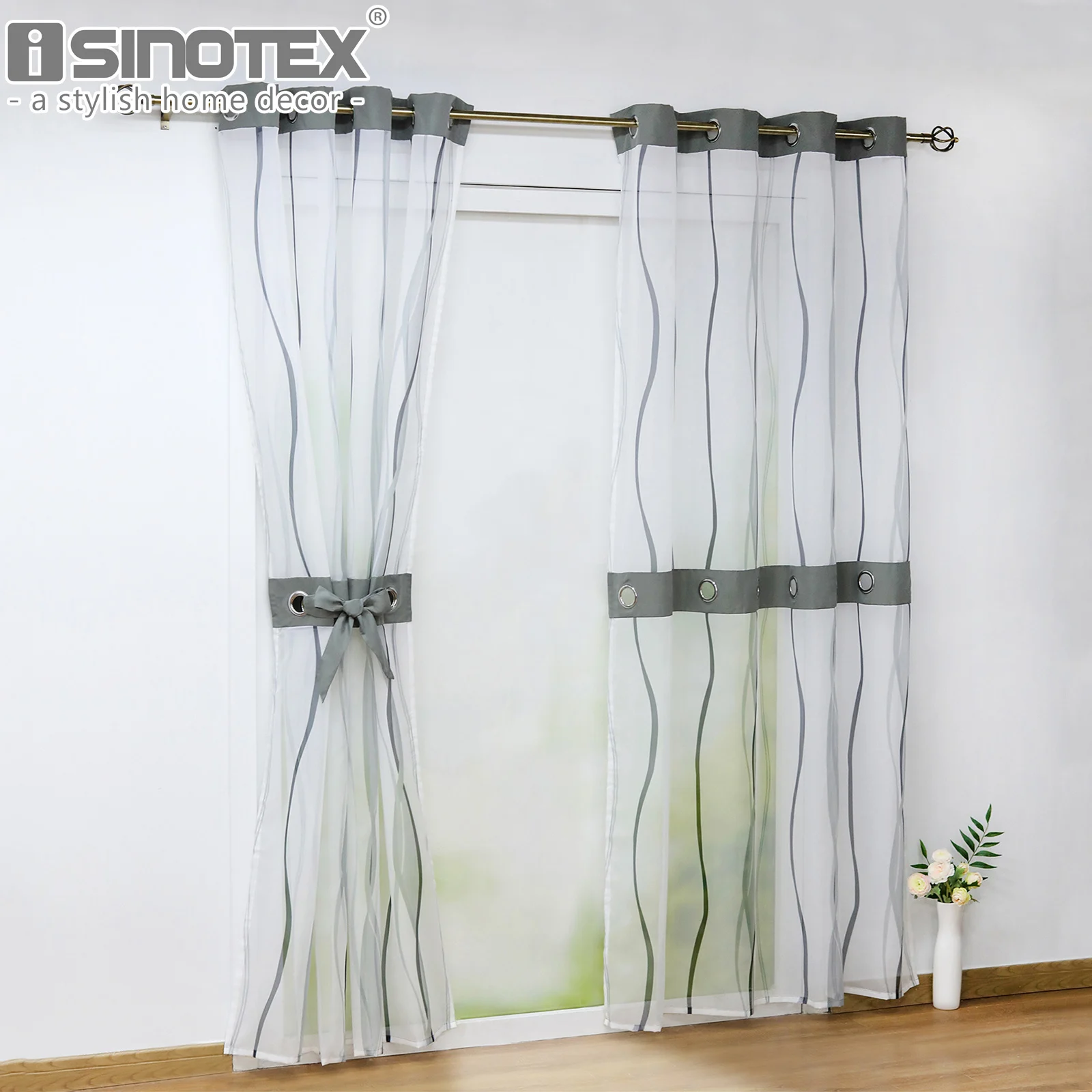 

Transparent Voile Curtain Tulle with Eyelet for Living Room Stripe Window Treatment Curtain Sheer Panel Drapes Grey Coffee Color