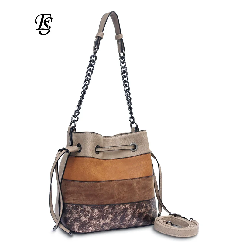 

E.SHUNFA brand Original 2018 Fashion hot sale chain bag splicing bucket female shoulder bag PU leather women handbag