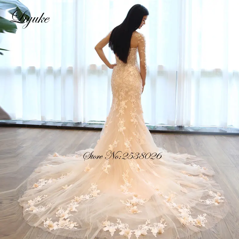 Элегантное милое платье-"Русалка" Свадебные платья естественная талия с аппликацией куртки 3D вышивка невесты платье Liyuke подгонка