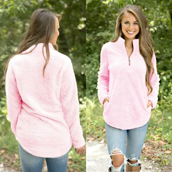 

2019 Autumn Winter Wool Sweaters WomenLong Sleeve Shirts Ladies Pullover Tops Sweater Zipper Pink Loose Top