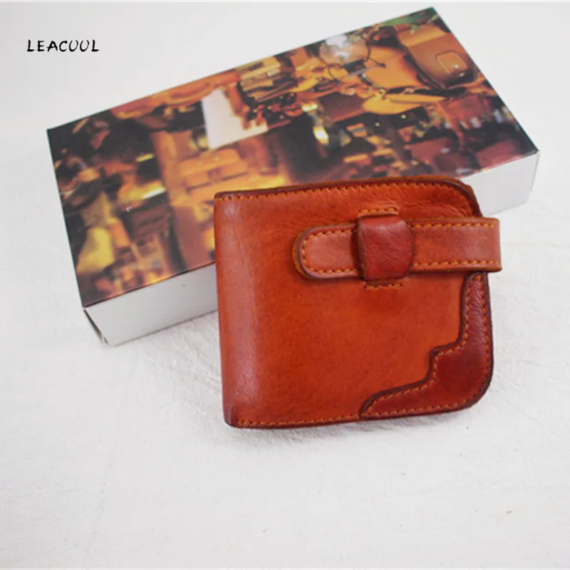 

LEACOOL Vegetable Tanned Leather Wallet Men's Luxury Brand Handmade 100% Genuine Leather Cowhide Short Wallets Purse Card Holder