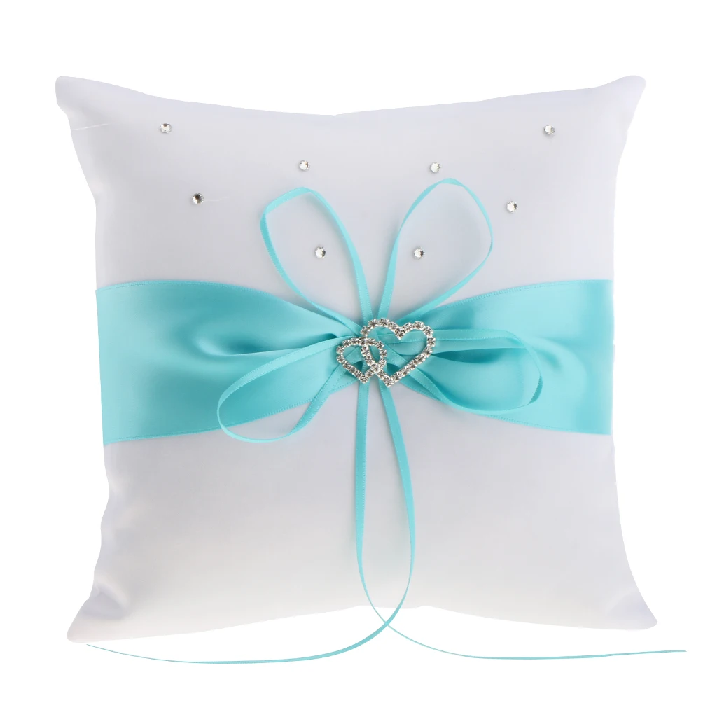 Wedding Party Satin Heart Ring Pillow Cushion Diamond with Ribbon Ring Bearer Cushion Garden Supplies