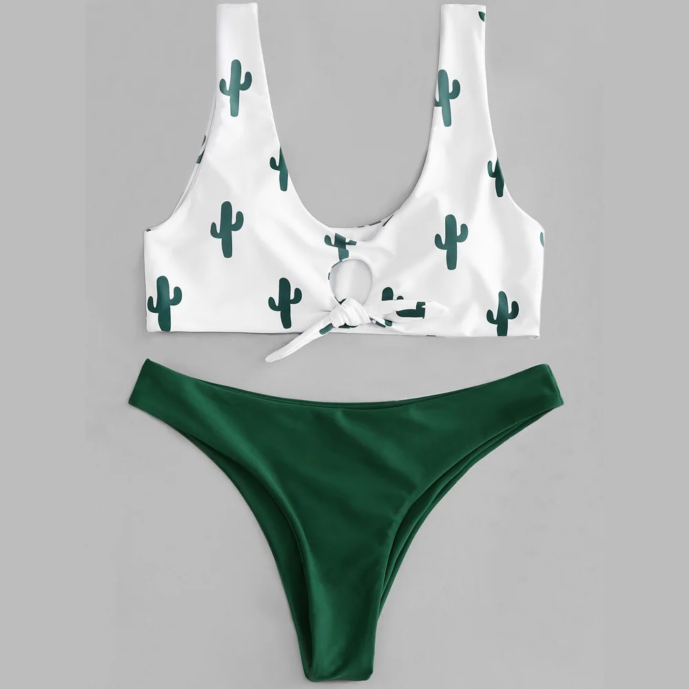 

Sexy Women Swimwear Cactus Print Cut Out Bow Knot Bikini Set Push Up Swimsuit Bikinis Brizilian Beachwear Bathing Suit Biquini
