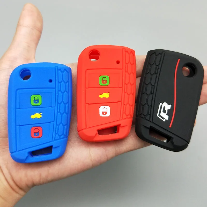 

2019 New for R emblem silicone car key cover case set for Polo 2016 golf 7 MK7 GOLF 7 RLINE R-LINE key protect keyring Holder