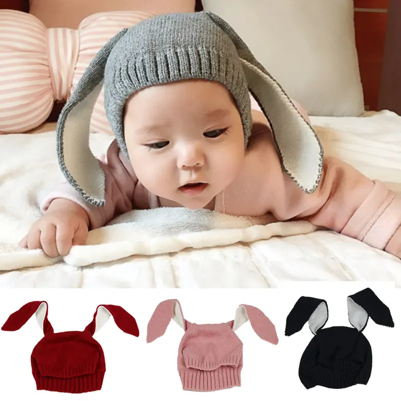 

Newborn Baby Hat Solid Color Autumn Winter Toddler Infant Knitted Hat Rabbit Long Ear Hat Bunny Children's Cap Photo Props