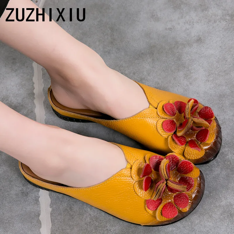 

ZUZHIXIU-Hot selling,New 2018 Spring/Summer,Women ethnic style genuine leather slippers, Flat heel flower slippers,2 colors