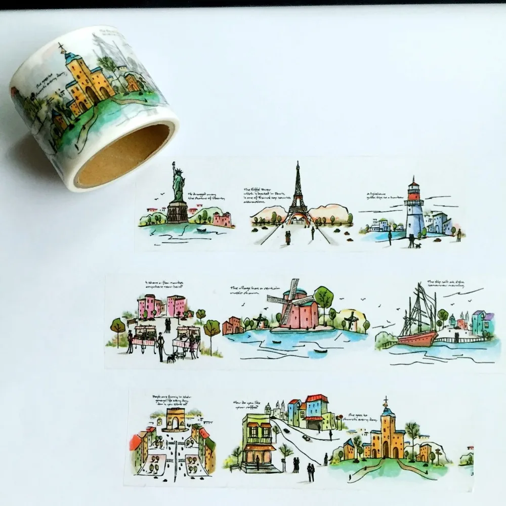 

Free shipping 38mm*5m high quality washi paper tape/Hand-Painting Nine World Famous Building masking japan washi tape
