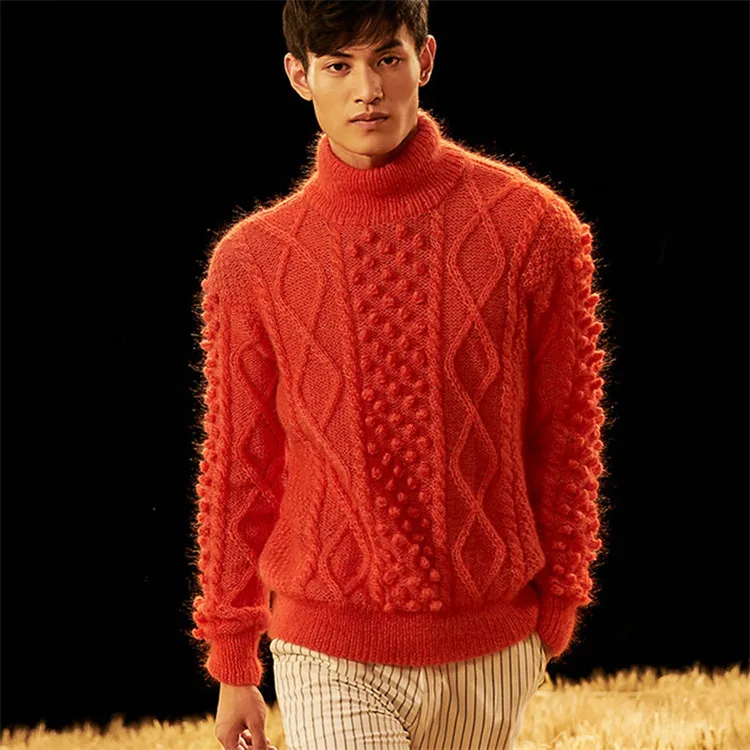  new arrival 100%hand made mohair twisted knit men solid turtleneck pullover sweater one&over size