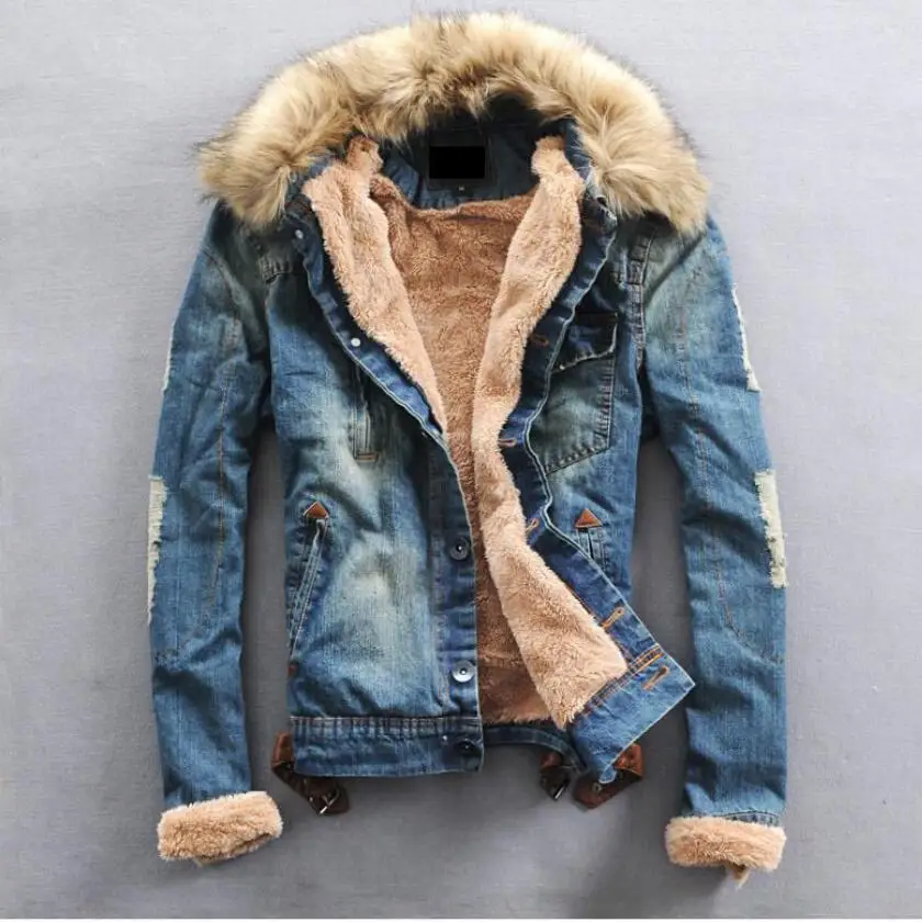 

S-4XL Autumn and winter new fur collar plus velvet thick denim jacket Men's tide fashion denim jacket couple denim clothing Coat