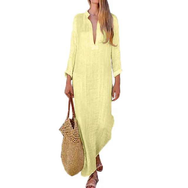 Women Gypsy Dresses Robe Long Sleeve V neck Ethnic Boho Cotton Linen