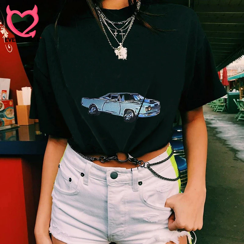

Evenworse 2019 solid summer T-shirt women O-neck short sleeves printed cartoon chain tee lady new fashion casual streetwear
