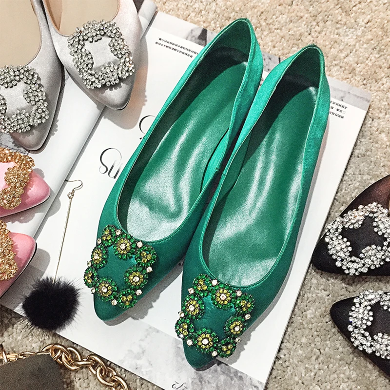 

MNIXUAN brand luxury crystal women flats shoes 2018 autumn pointed toe silk leather rhinestone slip on solid loafers big size 42