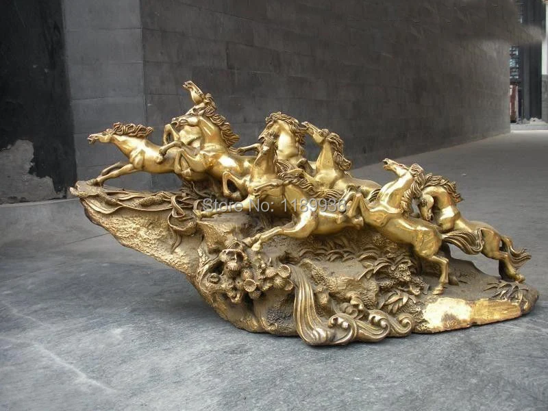 

Chinese Pure Brass Copper Carved Lucky Nine Horse Statue