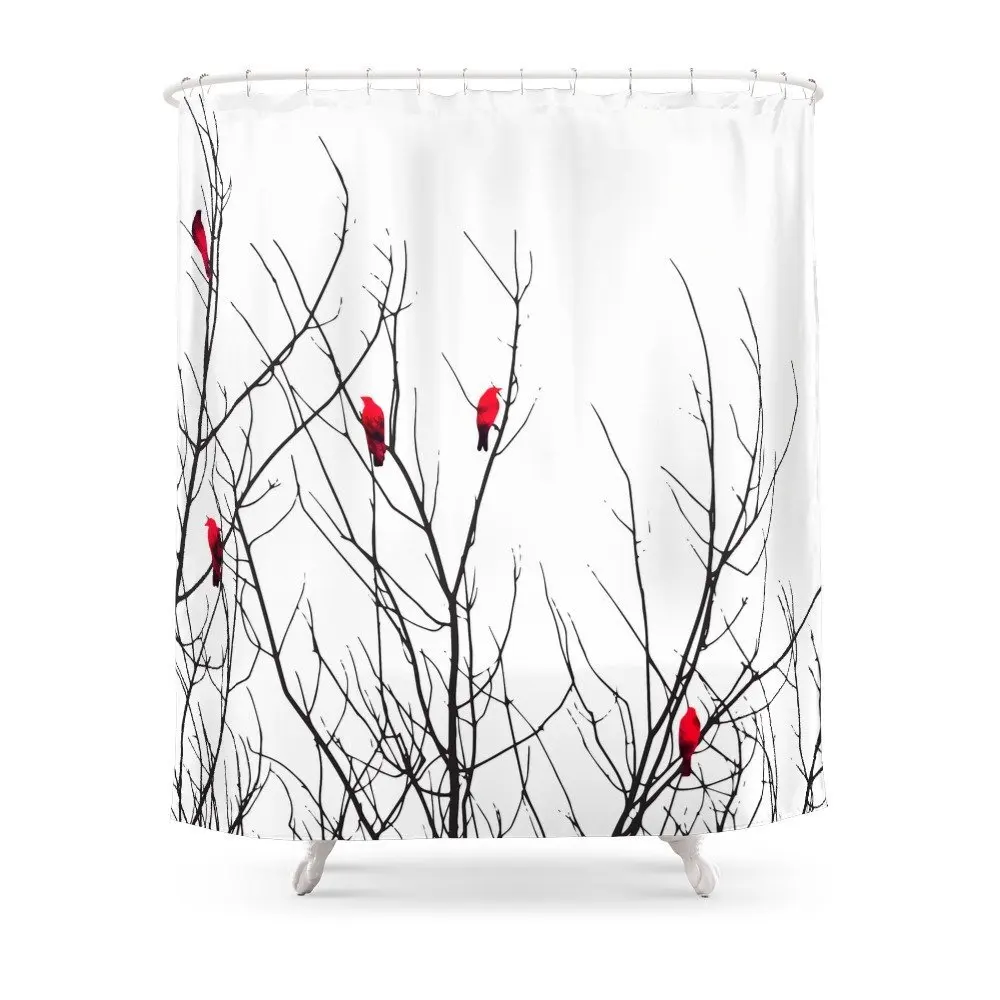Artistic Bright Red Birds On Tree Branches Shower Curtain Waterproof Bathroom Shower Curtains