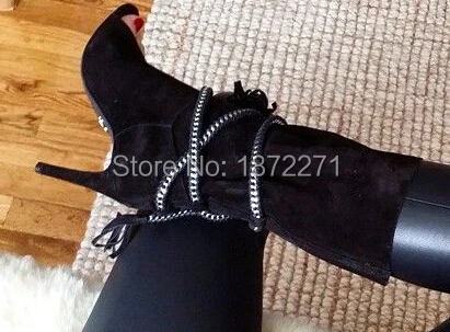 Новое поступление женские короткие замшевые ботинки абрикосовый черный туфли-лодочки с открытым носком и цепочкой на высоком каблуке нарядная обувь для вечеринки размеры 34–42