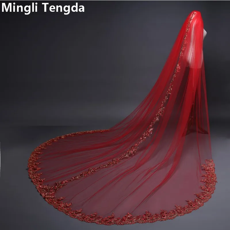 Красная кружевная Фата до пола с блестками, 3 м, Длинная свадебная вуаль, металлическая расческа Mingli Tengda, однослойная, роскошная блестящая вуаль для невесты
