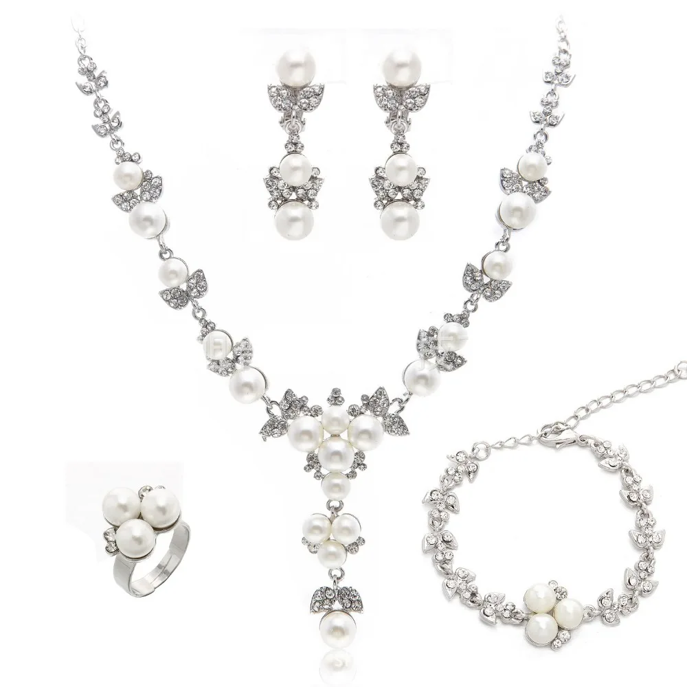   Simulado Perola Nupcial Conjuntos de Joias de PrataOuro-Cor Colar Set Casamento Joias Parure Bijoux Femme (4)