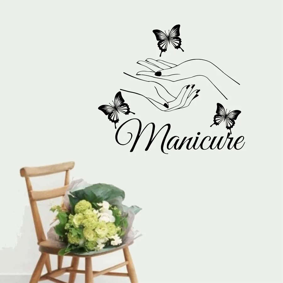 

Beauty Nail Salon Vinyl Wall Sticker Art Manicure Wall Decals butterfly hands Nail Shop Wall Window Art Decoration