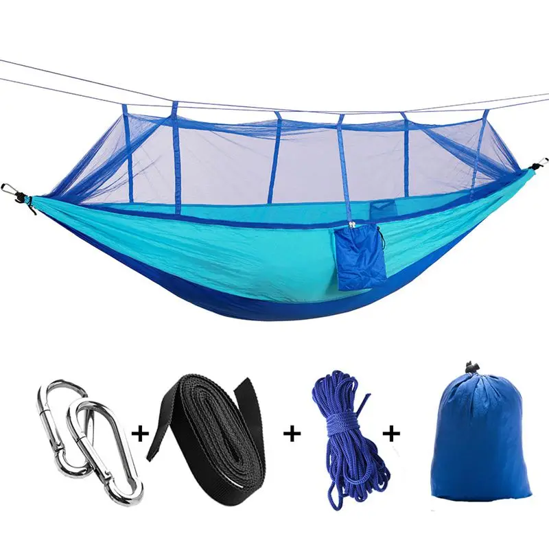 

Portable High Strength Parachute Fabric Camping Hammock Hanging Bed With Mosquito Net Sleeping Hammock Blue& Navy Blue
