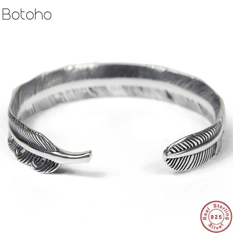 

925 Sterling Silver Feather Shape Open Cuff Bangle Bracelet for Men Women Puck Classic Retro Style Jewelry Indian wind feather