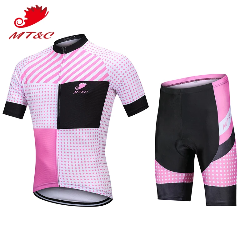 

MT&C Pink Stripes Dots Women Cycling Jersey Set Breathable Clothes Quick Dry 9D Gel Pad Bicycle Summer Sportswear Bike Clothes