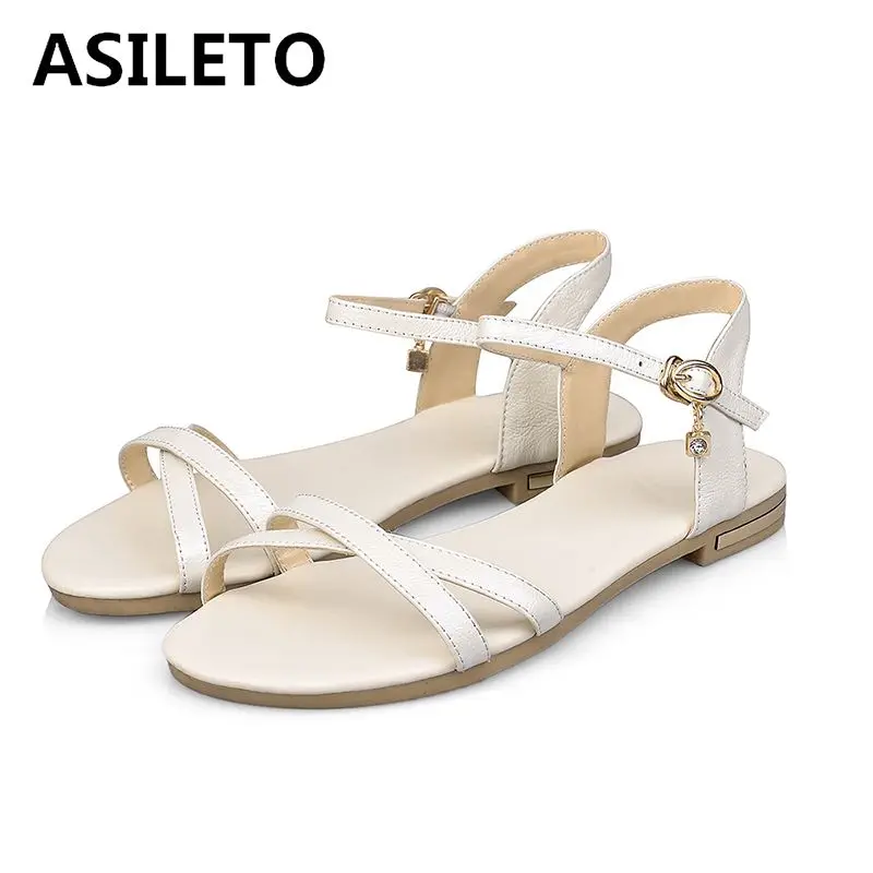 

ASILETO Size 45 46 Womens Sandals flat genuine cow leather summer shoes buckle rhinestone flat sandals open toe strap sandalia