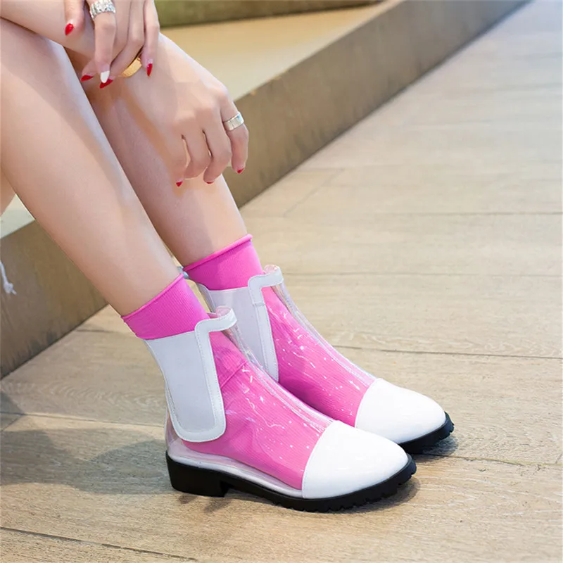 

2019 New Flat Platform Ankle Boots Women Transparent Boots Brand Design Round Toe Short Boots Ladies Sneakers Spring Shoes White