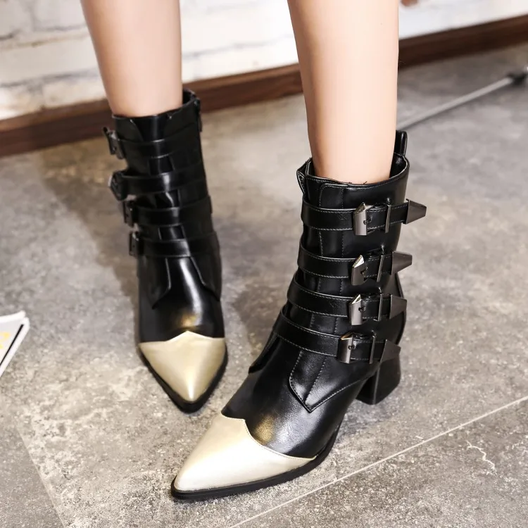 

Big Size 11 12 13 14 15 16 17Tip, thick heel and high heel metal decorative belt buckle side zipper matching color Chelsea boots