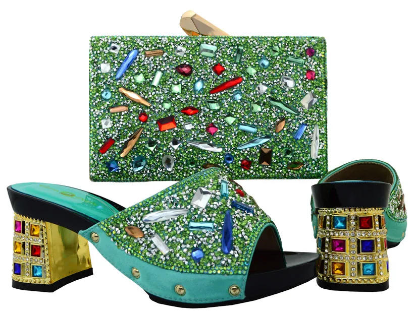 

Italian shoes and bag high quality water green clutches bag with many colorful stones matching shoes SB8016 free shipping