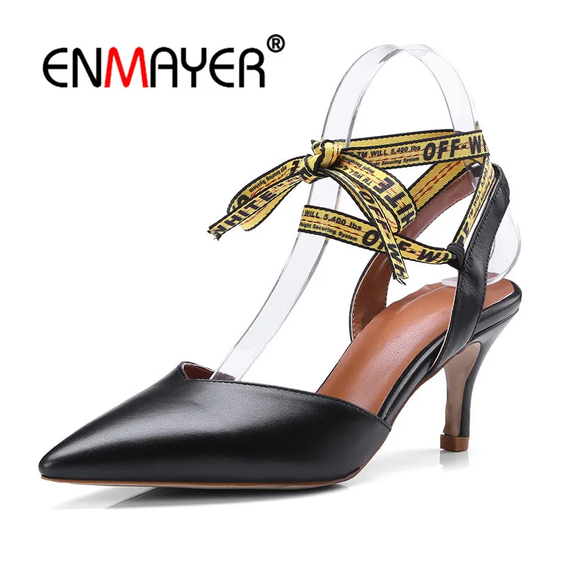 

ENMAYER Woman High heels sandals Summer Pointed toe Buckle strap sandals Fashion Shoes Thin heels Cow Leather Shoes women CR850