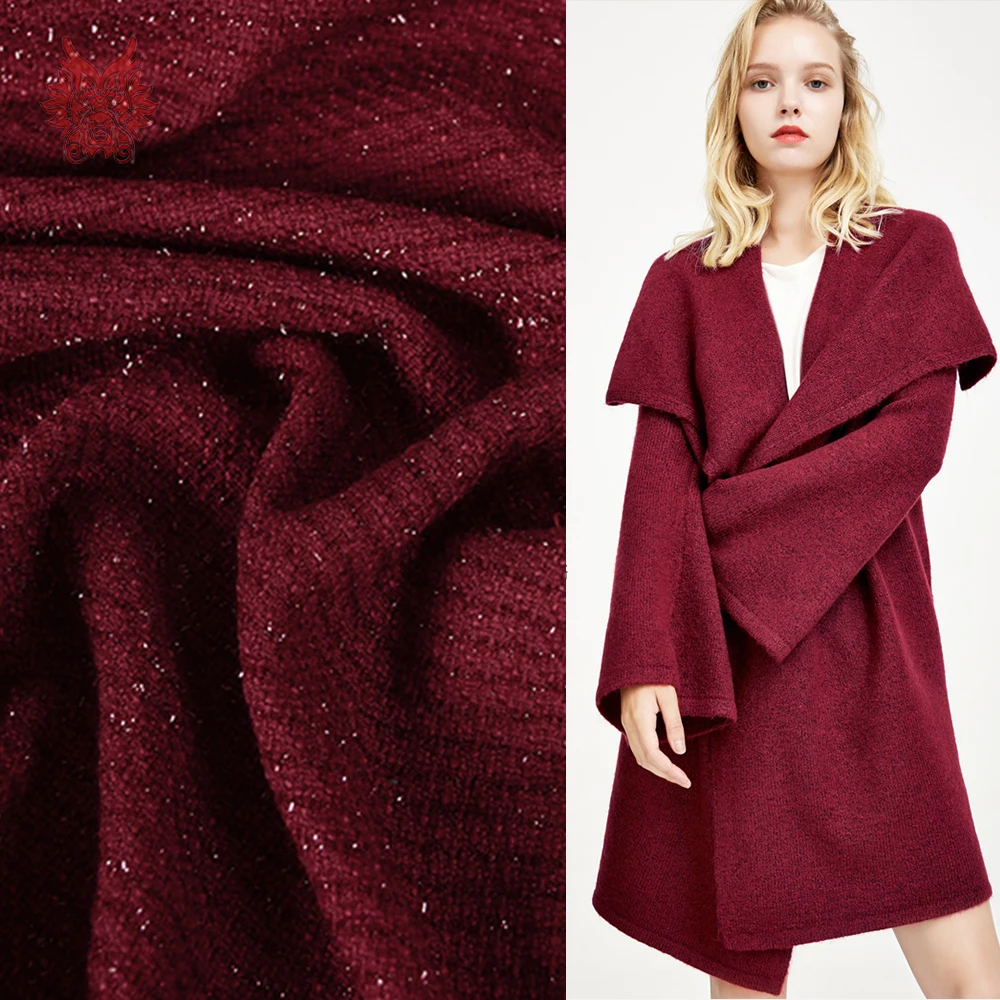 Luxury metallic weaving wine red tweed woolen fabric for autumn winter
