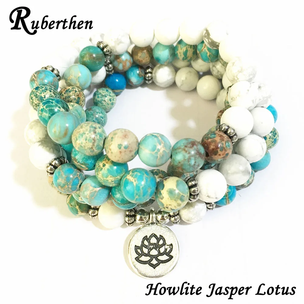 Howlite Jasper Lotus Ruberthen высокое количество натуральный камень браслет 108 мала-Йога ожерелье матовый Амазонит S ювелирные изделия Лидер продаж Прямая поставка - Окраска металла: Howlite Jasper Lotus