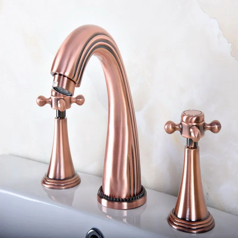 

Antique Red Copper Brass Deck Mounted Widespread Bathroom Basin Faucet Sink 3 Holes Mixer Tap Dual Cross Handles Levers arg076