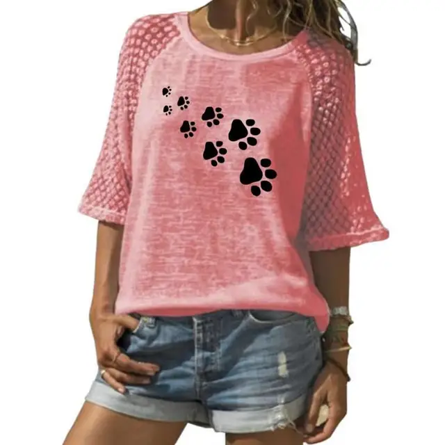 New Fashion T-Shirt For Women Lace Crew Neck T-Shirt DOG PAW Letters Print T-Shirt Women Tops Summer Graphic Tees Streetwear 3