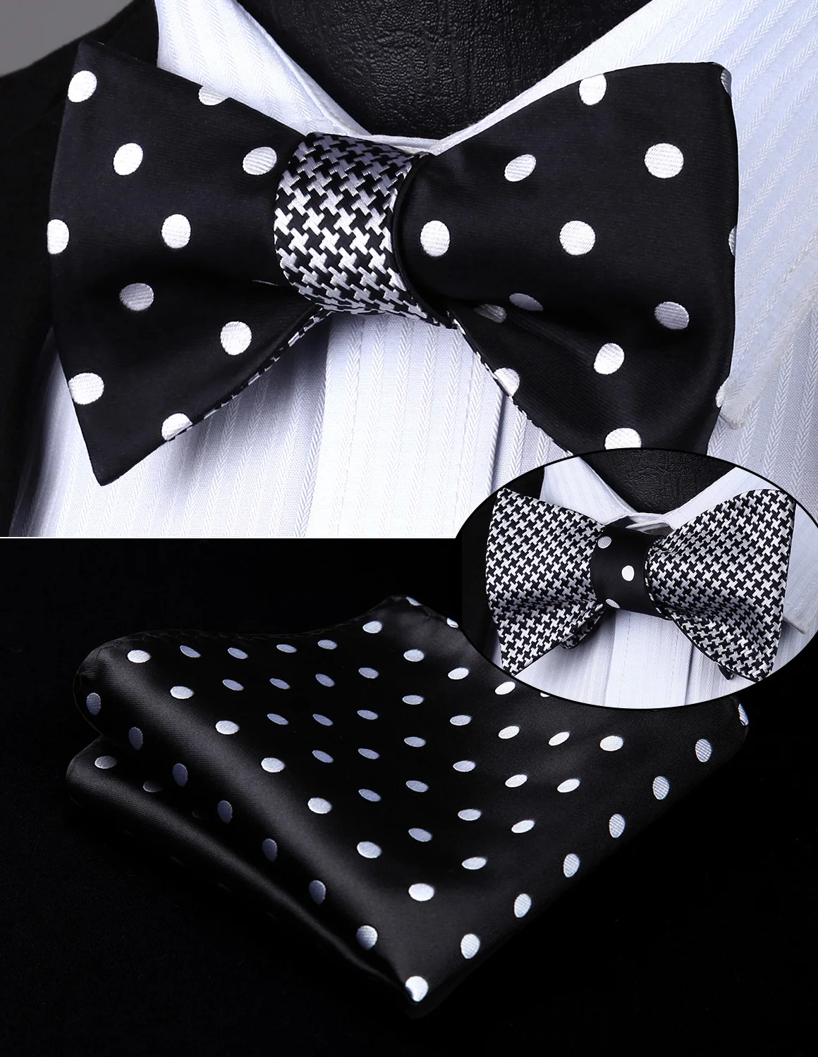 BE04WS Black Dot Geometric Double Side Bowtie Men Silk Self Bow Tie