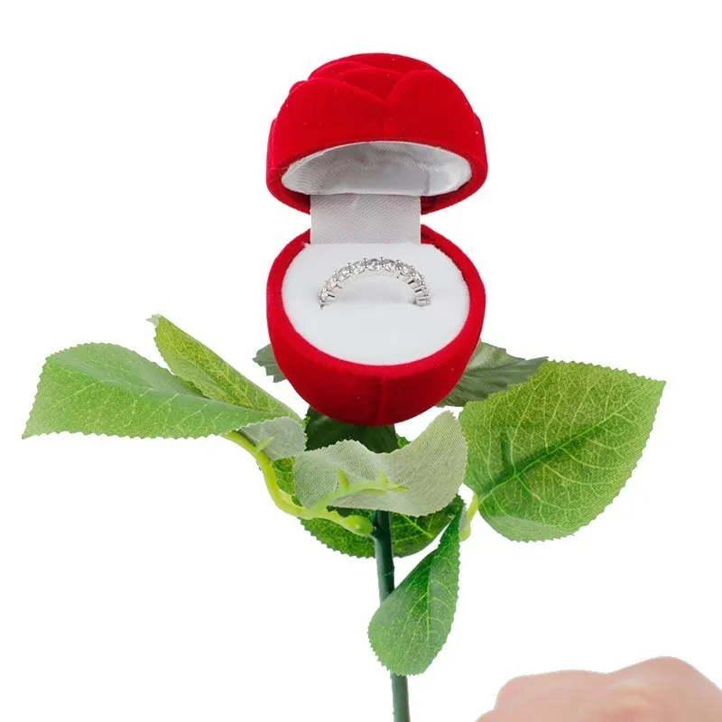 

Romantic Rose Ring Box Flower Flocking Holder Velvet Wedding Propose Engagement Valentine Day Gift Box Packing Jewelry Case