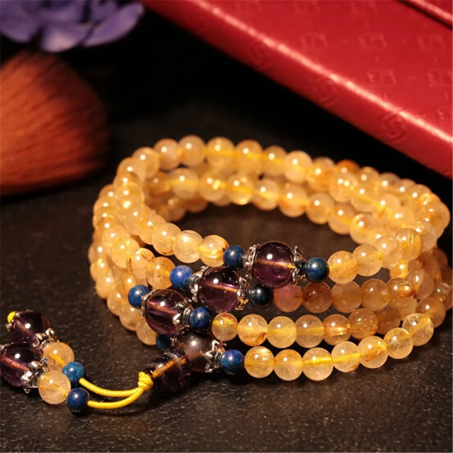 

3A Natural Golden Rutilated Quartz 6mm 108 Prayer Mala Tea Crystal Beads Men or Women Yoga Bracelet Necklace Meditation Jewelry