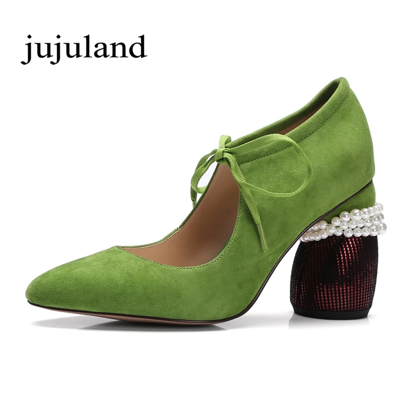 Spring Autumn Women Shoes Pumps Kid Suede Genuine Leather Casual Fashion Med Heel Lace Up Pointed