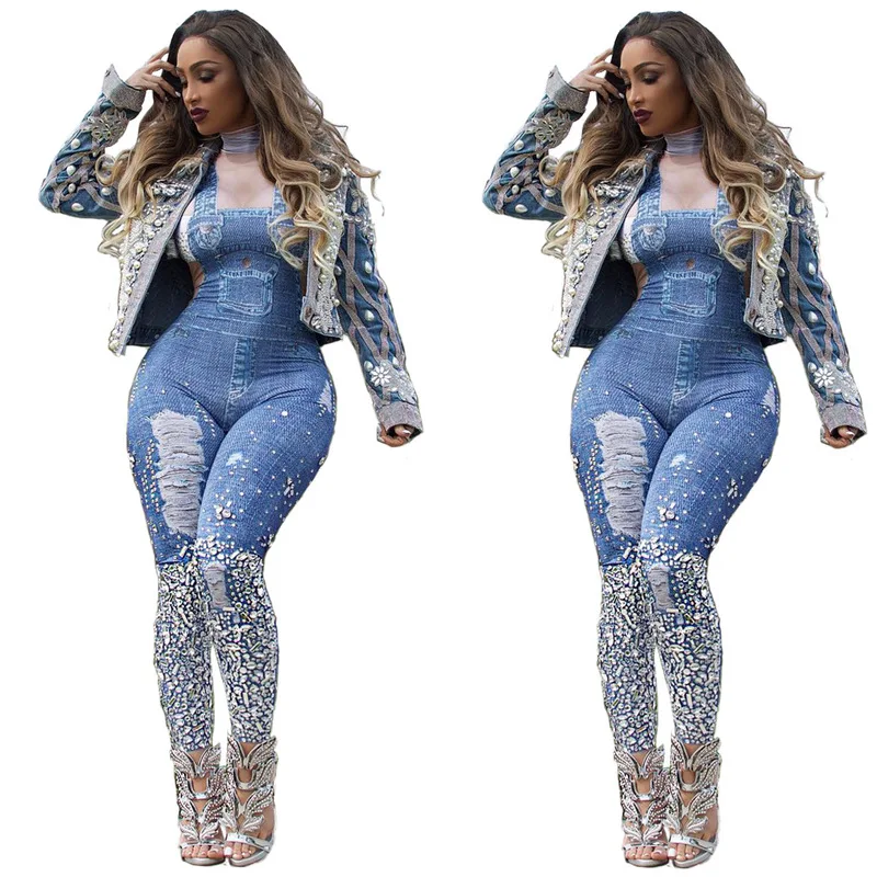 

New arrival European and American fashion jeans suspender printed pants wish high collar fitness pants0224