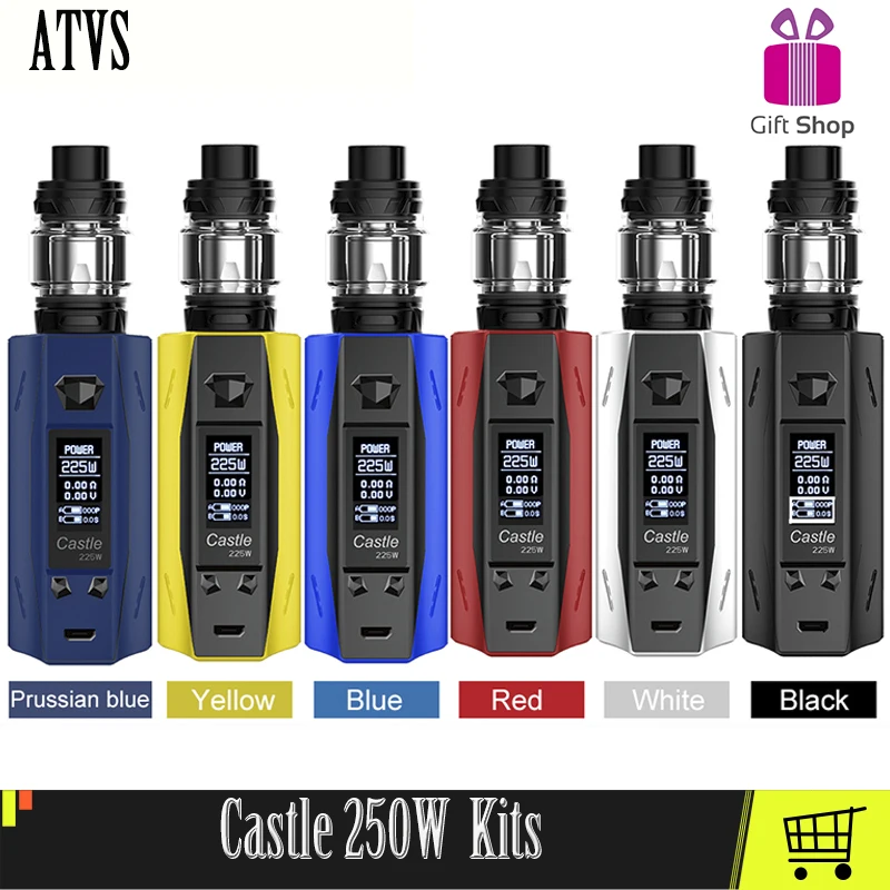 

Original ATVS Castle 2250 Box Mods Kit With TC Vape Kit 4ml Tank Top Filling Atomizer Without 18650 Battery Vape Kits