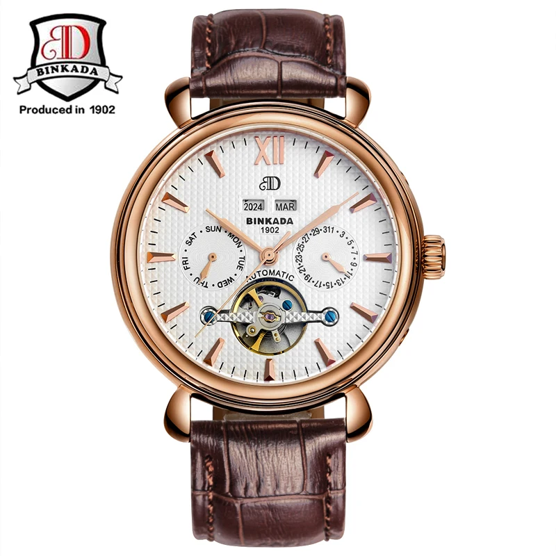

Automatic Date Calendar Men's Watch BINKADA Military Sport Watch Relogio Masculino Leather Mechanical Watch