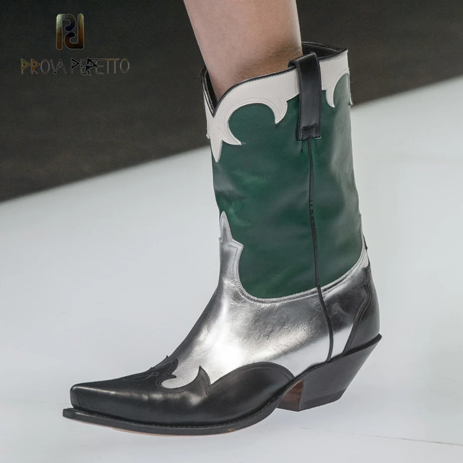 

Prova Perfetto newest pointed toe chunky heel martin boots women shoe rome style mixed color genuine leather fashion knigh boots