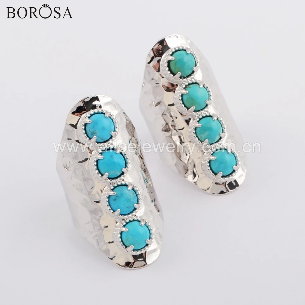 

BOROSA 5PCS Fashion Silver Bezel Round Four Natural Turquoises 6mm Stone Claw Band Ring Natural Jewelry for Wholesale ZS0337